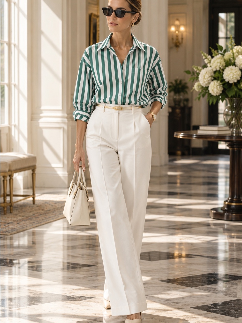 LOFT Cream High-Rise Wide-Leg Trousers